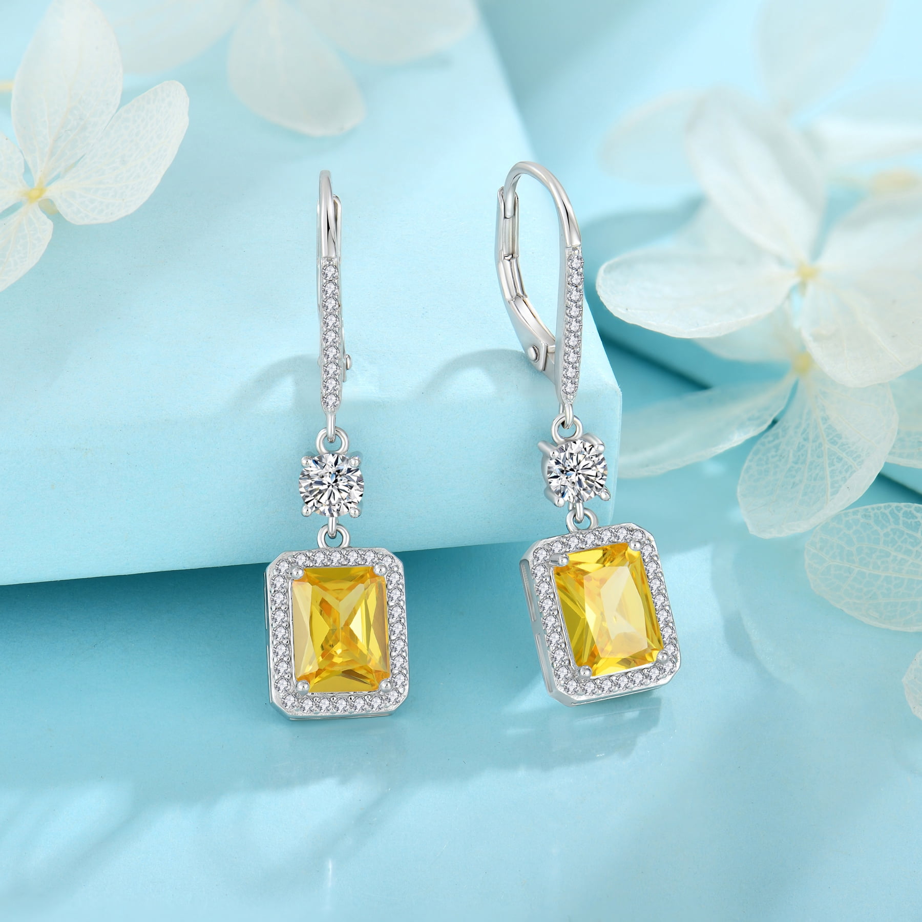 FJ Princess Cut Dangle Drop Earrings 925 Sterling Silver Leverback Square Citrine Halo Earrings November Birthstone Jewelry Gifts for Women