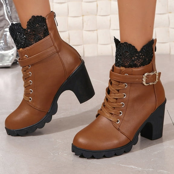 Wavsuf Winter Boots for Women on with High Heel Fashion Short Ankle-High Lace Up Lace Oversized Brown Shoes Size 38