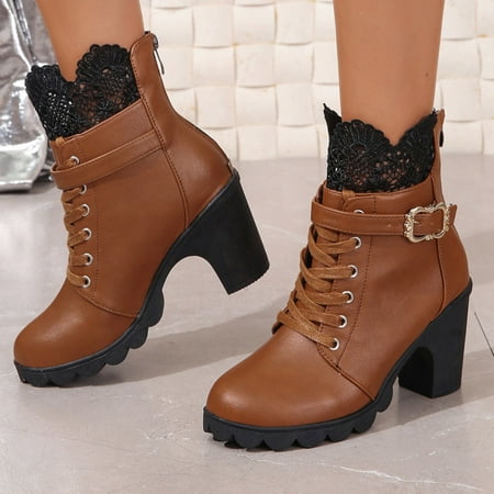 

Josdec Winter Boots for Women Clearance Large Lace Lace Short Boots Belt Buckle Lace Up Thick Heels High Heels Marti Boots Size 40(US:7.5)
