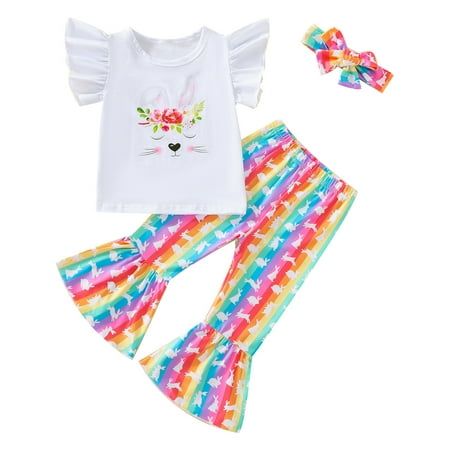 

Toddler Girls Outfits Autumn Short Ruffle Sleeve Tops Easter Bunny Bell Bottom Headbands Newborn Kids Children Spring Summer Casual Cute Cartoon Fashion Outwear Streetwear Sets
