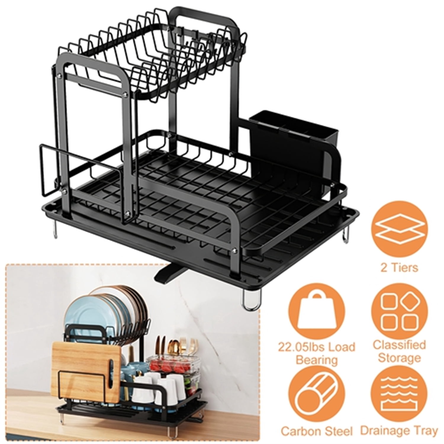 2 Tier Dish Drying Rack, Carbon Steel Rust Resistant Kitchen Drainer, Large Capacity Tableware Organizer with Drainage Tray, Removable Utensil Holder, for Kitchen Countertop Sink Corner
