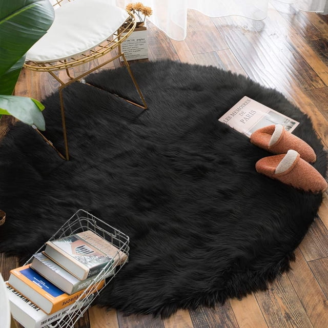 Faux Sheepskin Fur Area Rugs Round Fake Fur Throw Rug Fluffy Home Decor Living Room Floor Mat Circular Bedside Carpet for Bedroom Soft Circle Kids Play Mat for Nursery, 4ft Diameter, White
