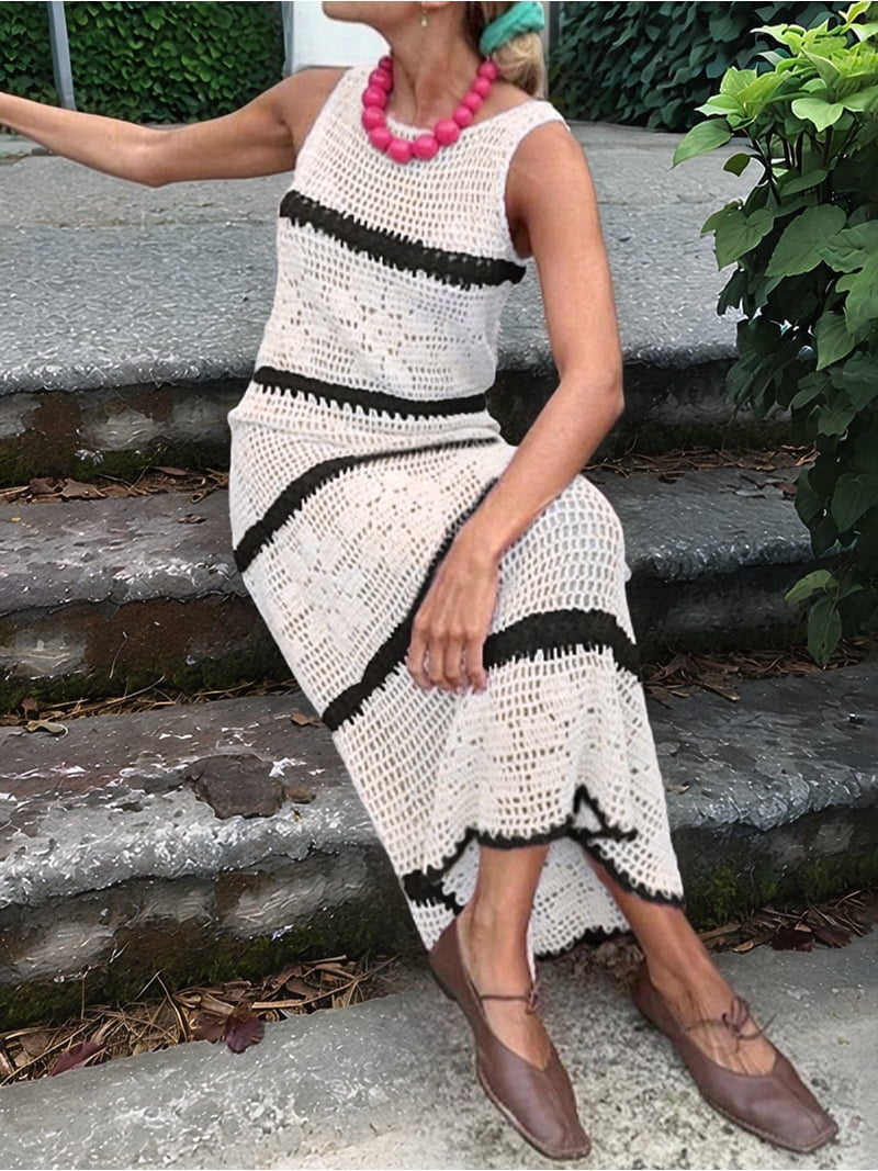 crochet knit beach midi dress Womens Sleeveless Casual Summer Crew Neck Boho Vacation Dresses White XL Lightweight stretch crochet silky satin dresses Aiden Bandage Mini Dress Size:mom S