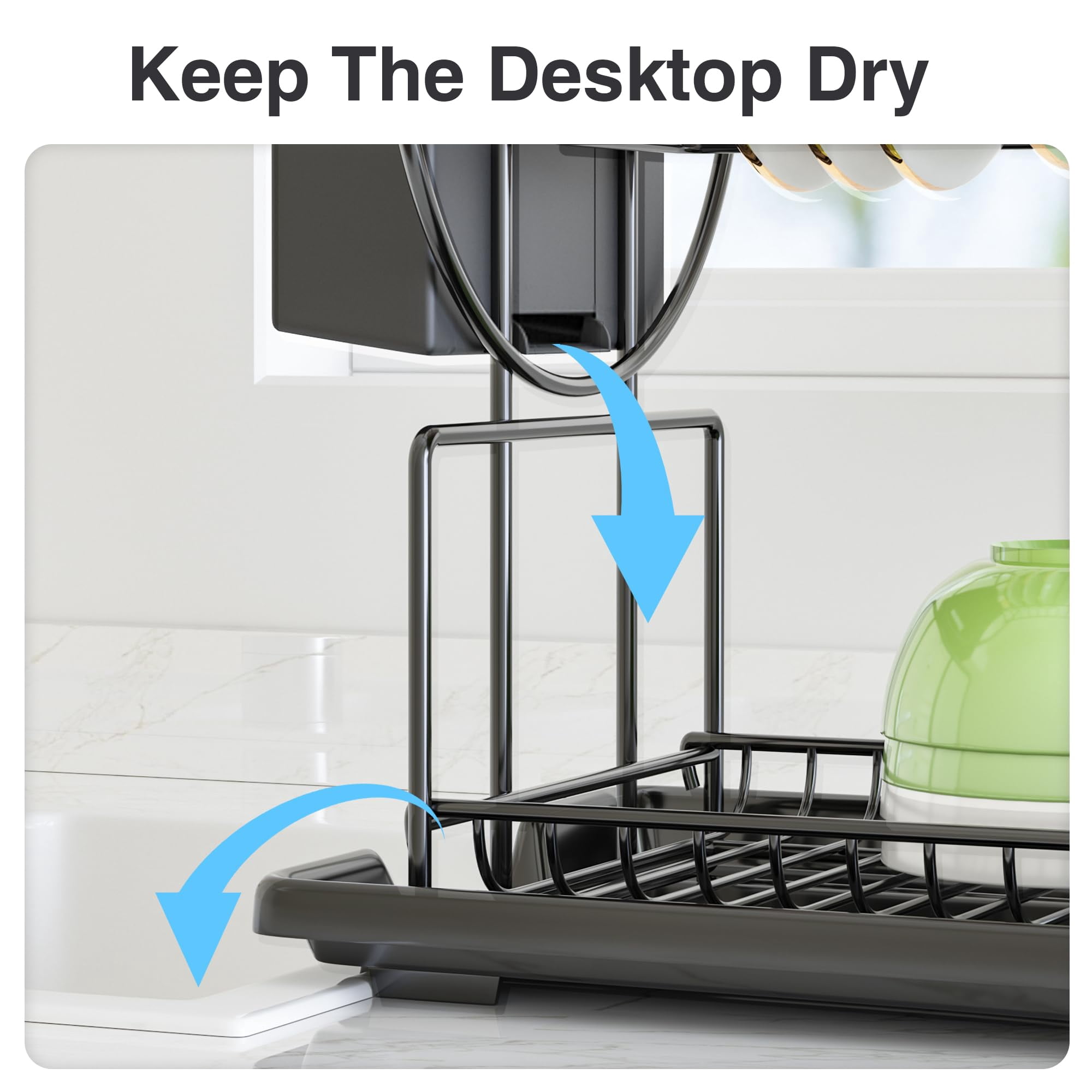 NIFFGAFF Dish Drying Rack, Black 2 Tier Dish Drainer Racks with Tray, Cup Utensil Holder for Kitchen (15*9.3*14.6 in)