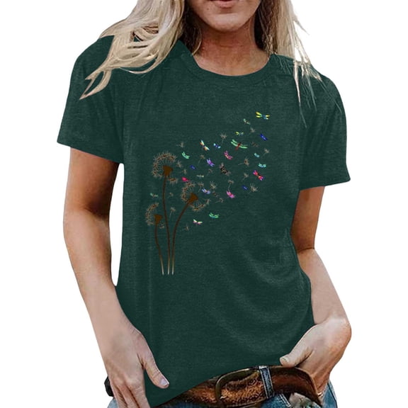 Crew Neck T Shirts For Women Dandelion Print Fashion Loose Short Sleeve Summer Tops Tees