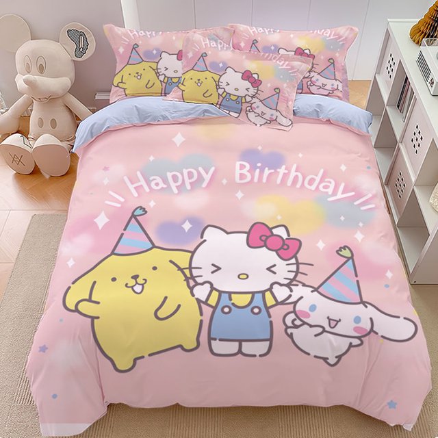 Sanrio-Juego de cuatro piezas de rollo de canela con dibujos animados, Sábana bonita Kuromi Melody, pochacco con personalidad para niños, juego de tres piezas para el hogar