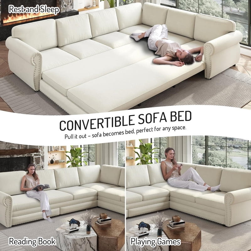 118" L-Shaped Convertible Sleeper Couch Bed, Chenille Upholstered Sectional Sofa with Pull-Out Sofa Bed, Modern Chesterfield Sofa for Living Room