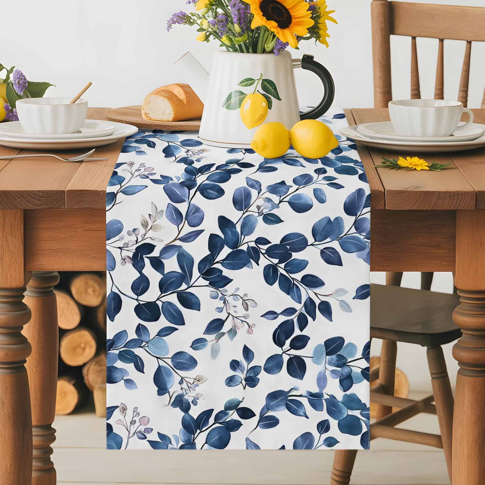 Pastoral Eucalyptus Leaves Table Runner 90 Inches Long, Navy Blue Botanical On White Table Runners Tabletop Scarf Kitchen Dining Tables Decoration for Home Party Indoor Outdoor
