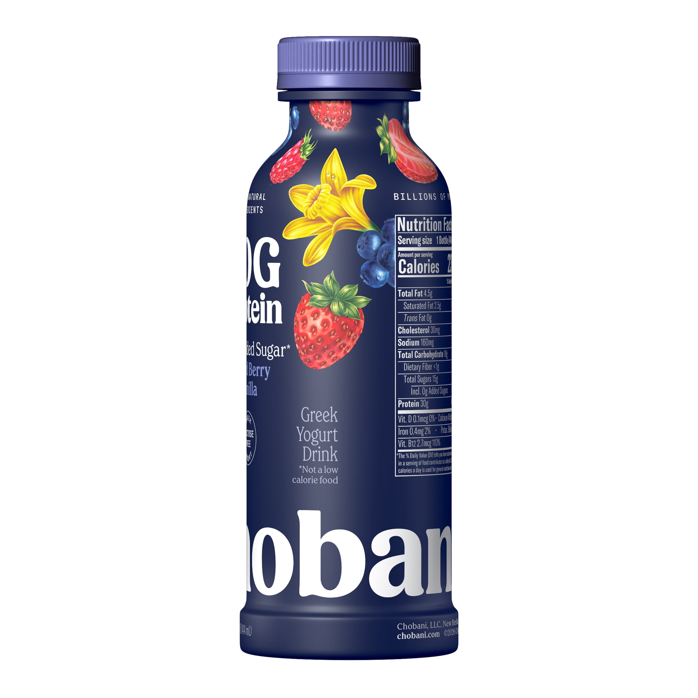 Chobani 30G Protein Low-Fat Greek Yogurt Drink, Mixed Berry Vanilla, 14 fl oz Bottle, Liquid Form