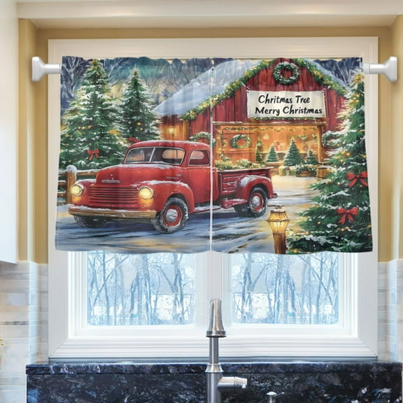 Ryvnso Vintage Truck Christmas Half Curtains Sets Tier 2 Panels Short Curtain Rod Pocket 27"W x 24"L