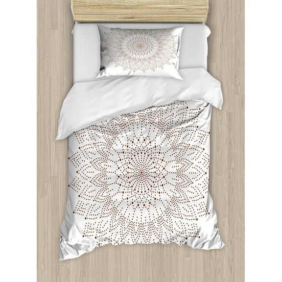 Brown Mandala Duvet Cover Set Twin Size, Pointillist Style Artwork of Lace Henna Inspired Mandala Print with Dots, Decorative 2 Piece Bedding Set with 1 Pillow Sham, Brown White, by Ambesonne