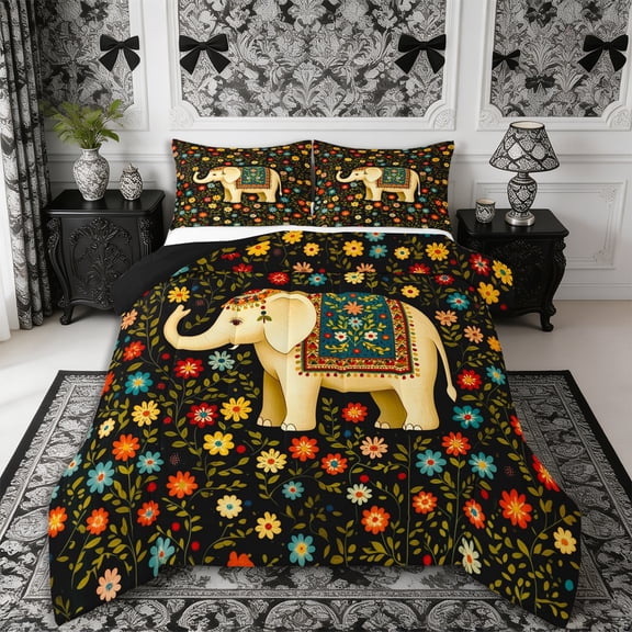 Manfei Aniaml Elephant Full Size Comforter Sets 3-Piece,Bohemian Flowers Bedding Comforter Set,1 Comforter and 2 Pillowcases,Reversible