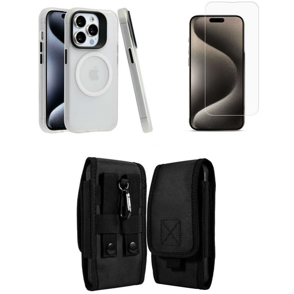 Bemz Phone Case for iPhone 15 Pro Max with Shockproof Protective Wireless Charging Ring Cover, Screen Protector, Vertical Rugged Nylon Secure Belt Holster Clip Pouch (Clear White)