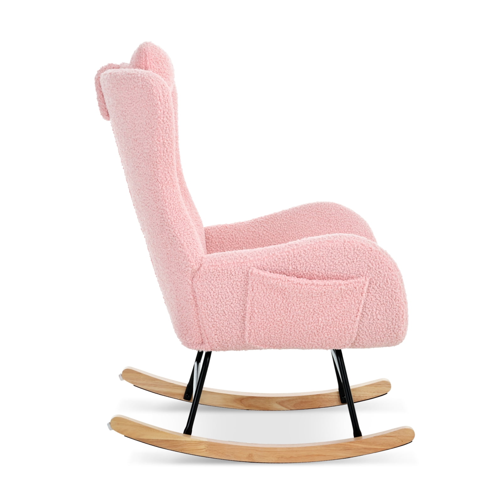 Rocking Chair Nursery, Teddy Upholstered Rocker Glider Chair with High Backrest, Adjustable Headrest & Pocket, Comfy Glider Chair for Nursery, Bedroom, Living Room, Offices, Rubber wood, pink 80119