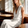 thumbnail image 6 of Bosfbaoi Two Piece Sets for Women Linen Blend Modern Fit Outfit Set Deep V-Neck Cap Sleeve Tops Wide Leg Pants Matching Sets Women Clothing, 6 of 7