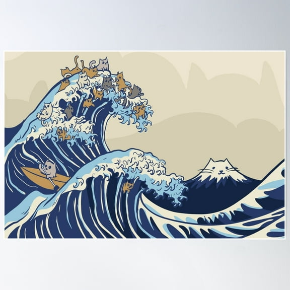 Kawaii Great Wave Off Kanagawa Cats Lover Version Poster Wall Art, Modern Wall Decor For Living Room Bedroom, 8x12 UNFRAMED