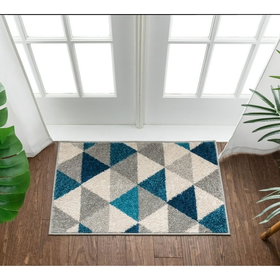 Well Woven Isometry Blue & Grey Modern Geometric Triangle Pattern 2 x 3 (2' x 3') Area Rug Soft Shed Free Easy to Clean Stain Resistant