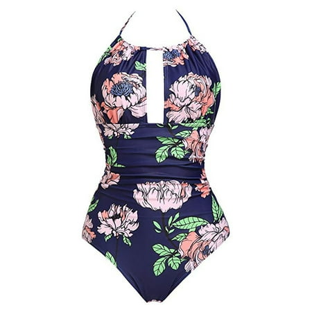 Brondbend Plus Size Swimsuit for Women Floral Prints Keyhole Neck Halter One-Piece Swimsuits Sexy Adjustable Straps Tunic Tummy Control Swimsuits Comfortable Womens Bikini Online Shopping Navy M