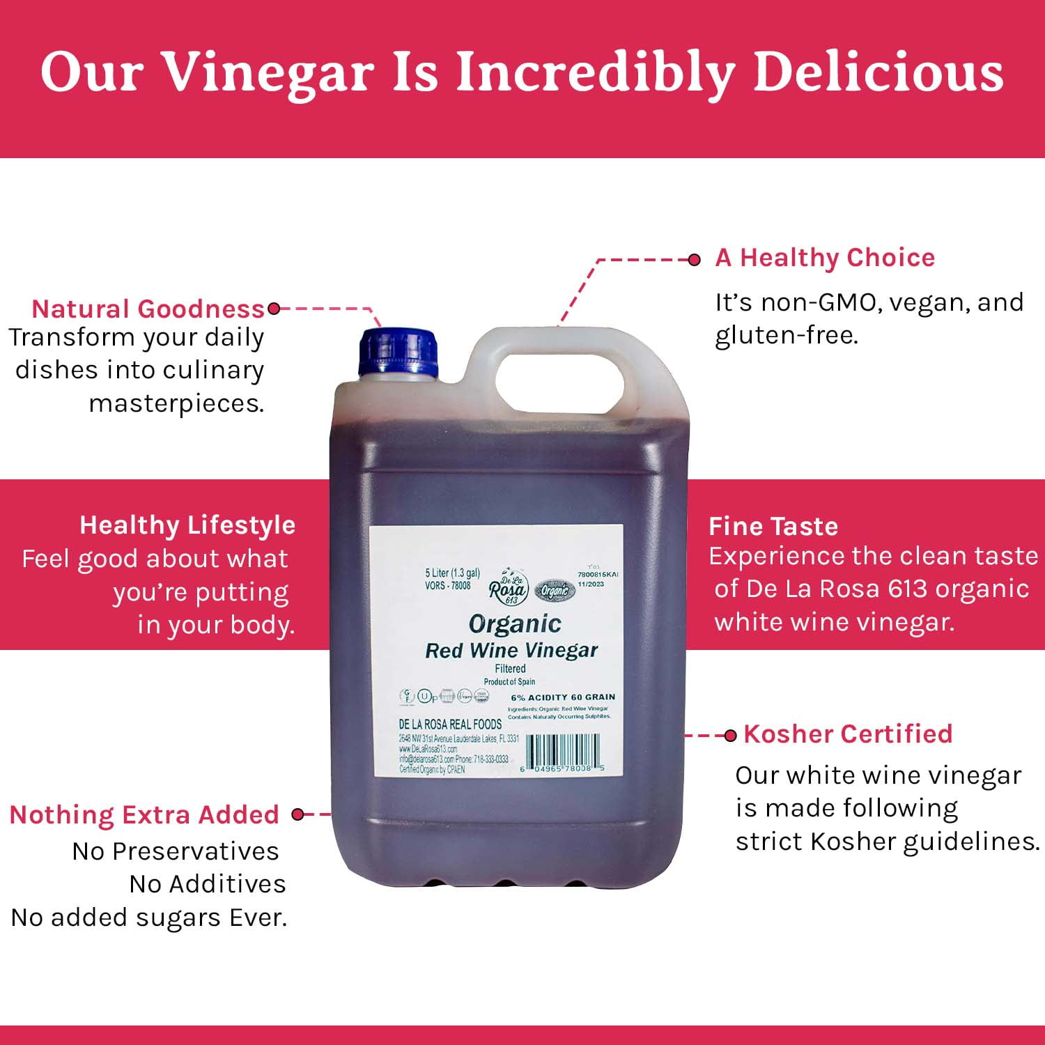 De La Rosa 613 Red Wine Vinegar, Filtered, Kosher, Non-GMO, Gluten-Free, 5 Liters