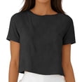 thumbnail image 3 of Asxite Womens Tops Short Sleeve Reversible Solid Color Round Neck Button Linen Mix Casual Blouse, 3 of 5