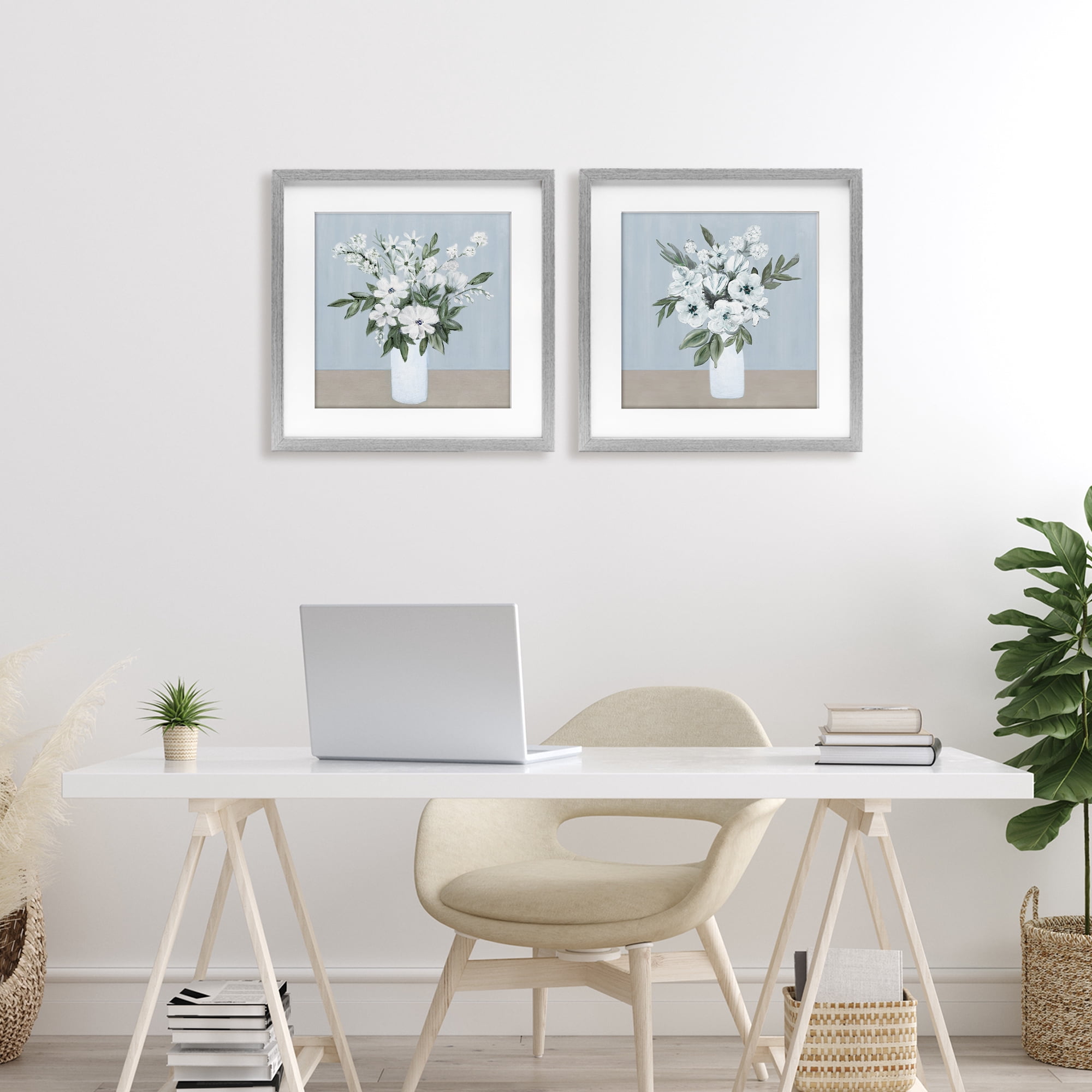 Stupell Industries Mixed White Blossoms 2 Piece Gray Framed Print Under Glass Set, design by Marilyn Dunlap