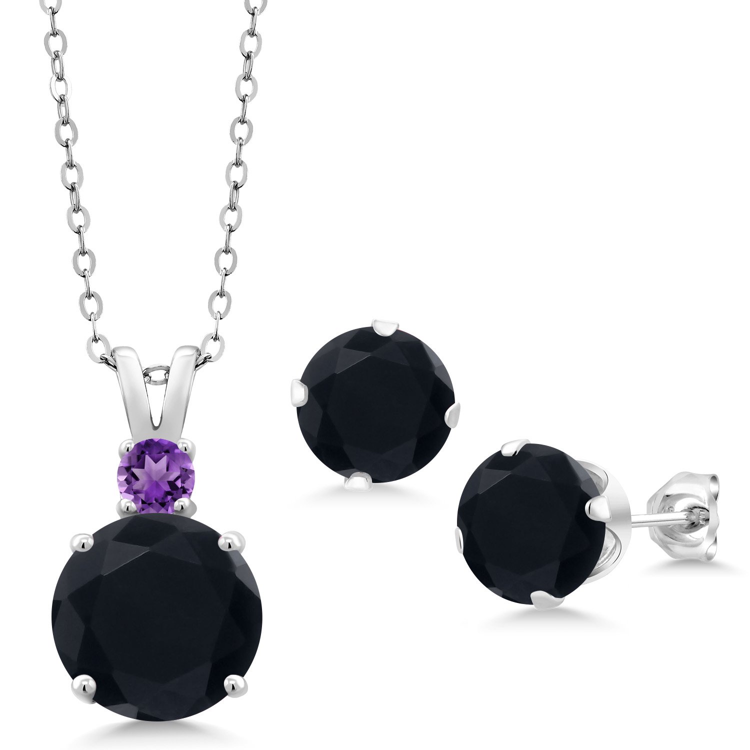 Gem Stone King 925 Sterling Silver Black Onyx and Purple Amethyst Pendant and Earrings Jewelry Set for Women (5.72 Cttw, Round 10MM, Gemstone December Birthstone, with 18 inch Silver Chain)