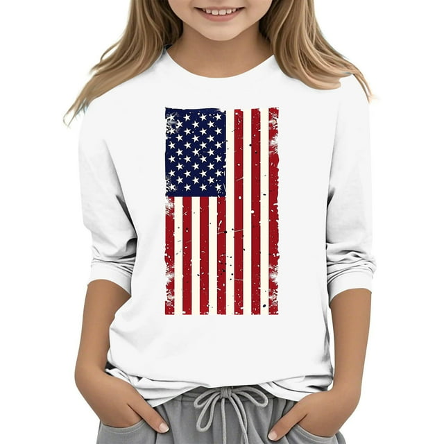 YABCSAZ Chemises du 4 Juillet pour Femmes, Robe de la Fête de l'Indépendance, Mode Enfantine Imprimée Manches 3/4 Col Rond Chandail Chemise de Base Manches Longues Col Rond Chemise, Blanc, 110