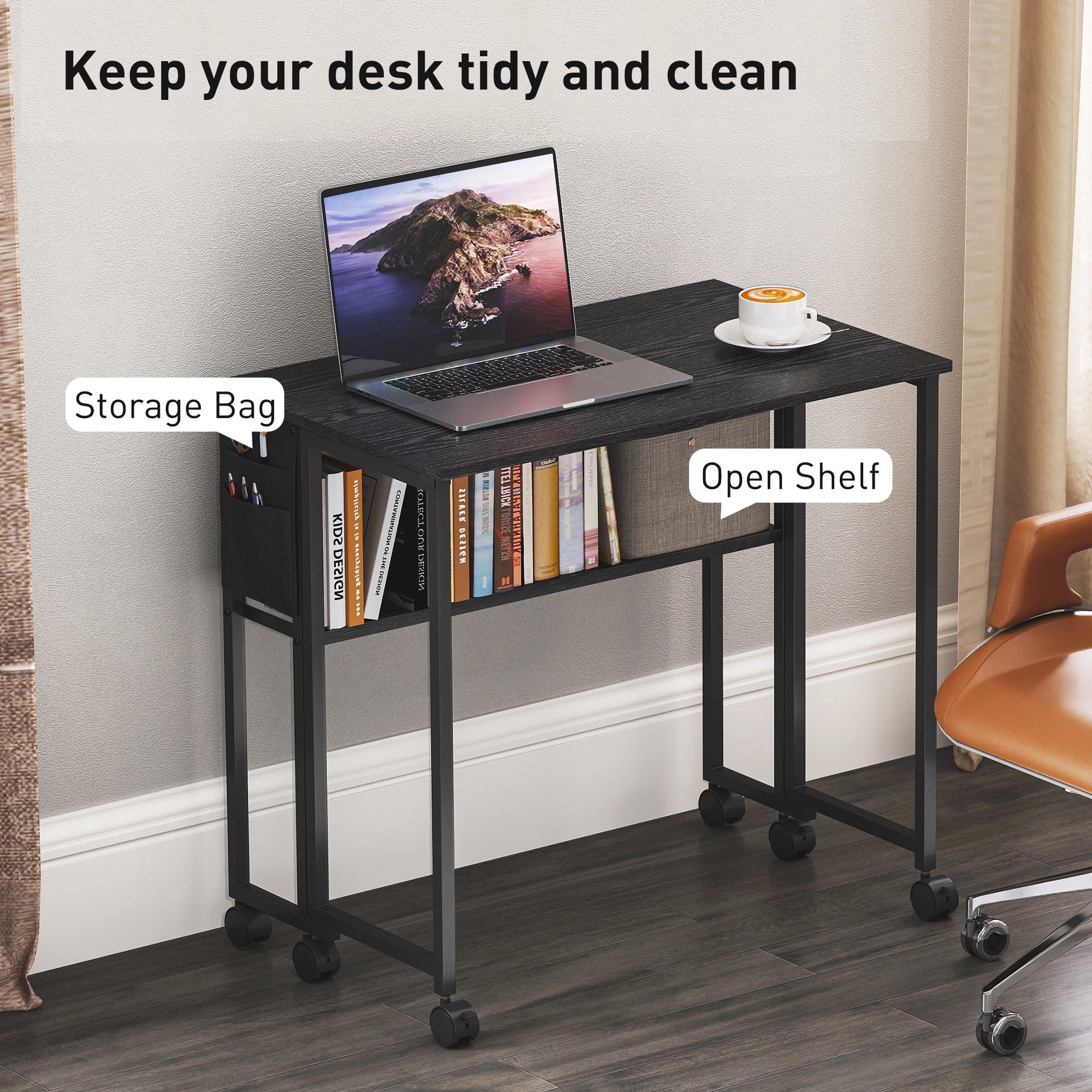 HOMCOM Small Folding Desk, 31.5" Foldable Computer Desk with Storage Bag, Shelf and Wheels for Small Spaces, Home Office, Easy Assembly, Black