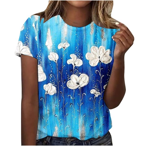 ICHUANYI Clearance Women's Short Sleeve Round Neck Printed Loose Tops Blouse T-shirt(Blue, XL) ICHUANYI WER2023080906228