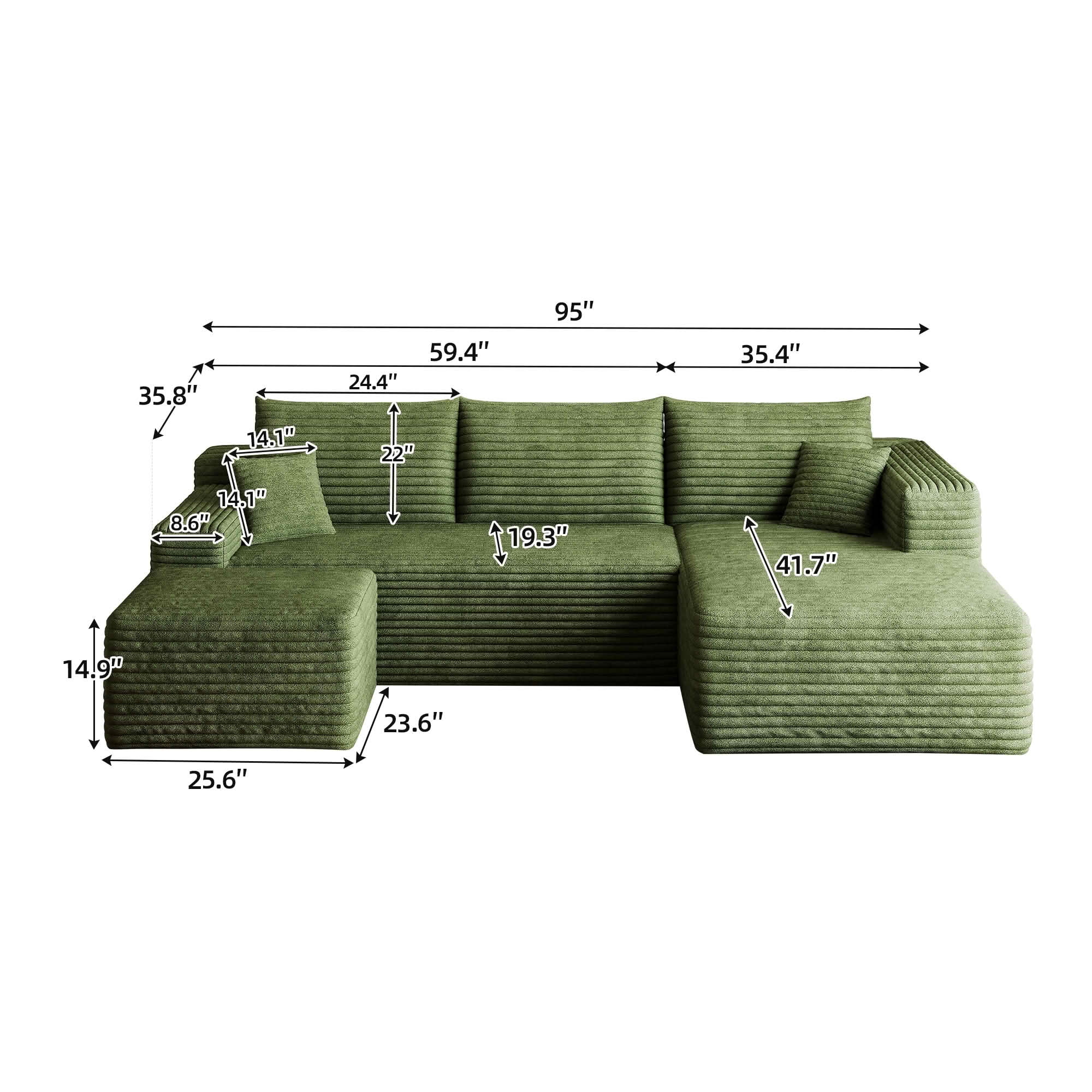 MAYEERTY 95 Inch U‑Shaped Cloud Sectional Sofa with 1 Ottoman, Modern Deep‑Seat Corner Couch, Plush Corduroy Reversible Sofa, No‑Assembly for Living Room Bedroom Apartment