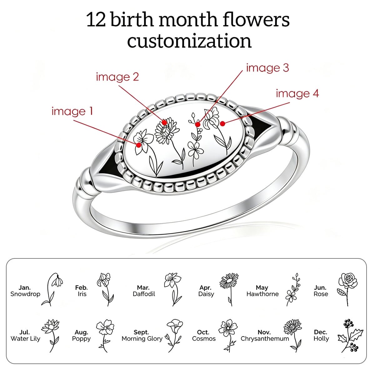 PhaedraOona Custom 12 Birth Month Flower Ring - Personalized 12 BirthFlowers & Birthstones Family Heirloom Flower Rings Silver/321L Stainless Steel Mother's Day Jewelry Gifts for Mom