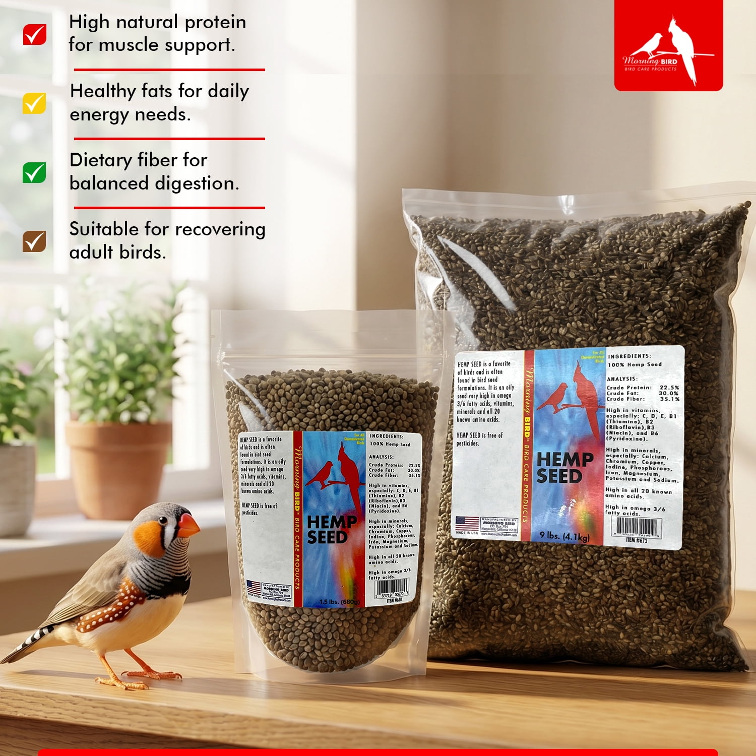 Morning Bird Hemp Seeds 18 lbs (2-Pack, 9 lbs Each) –  Bird Food for Parrots, Canaries & Finches – Natural Hemp Seed for Daily Nutrition