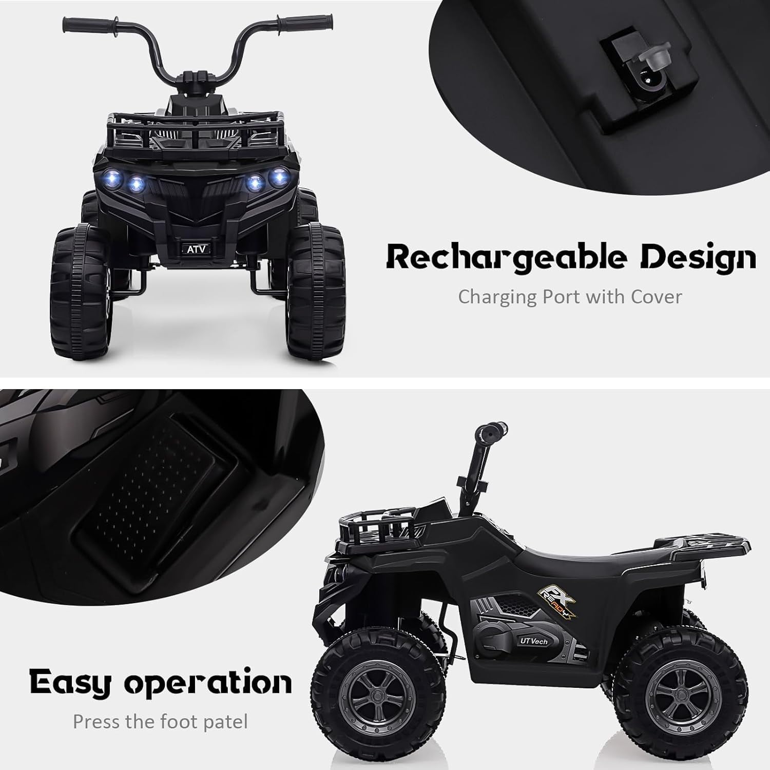 TROPOW 12V Ride On Toys for Boys,Kids Ride On ATV,4 Wheeler Electric Vehicle for Kids,Battery Powered Quad Toy Vehicle with Music,Horn,High Low Speeds,Led Lights,Electric Ride On Toy,Black