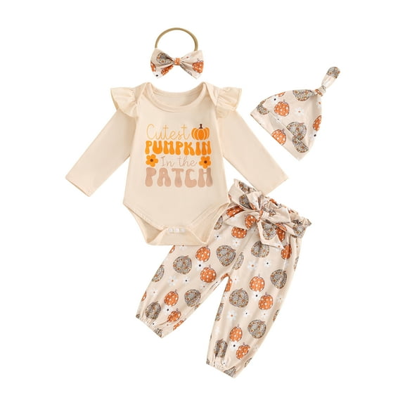 My First Halloween Outfits Newborn Baby Girl Pumpkin Romper Bodysuit Long Pants Headband Hat Set Cute Fall Winter Clothes
