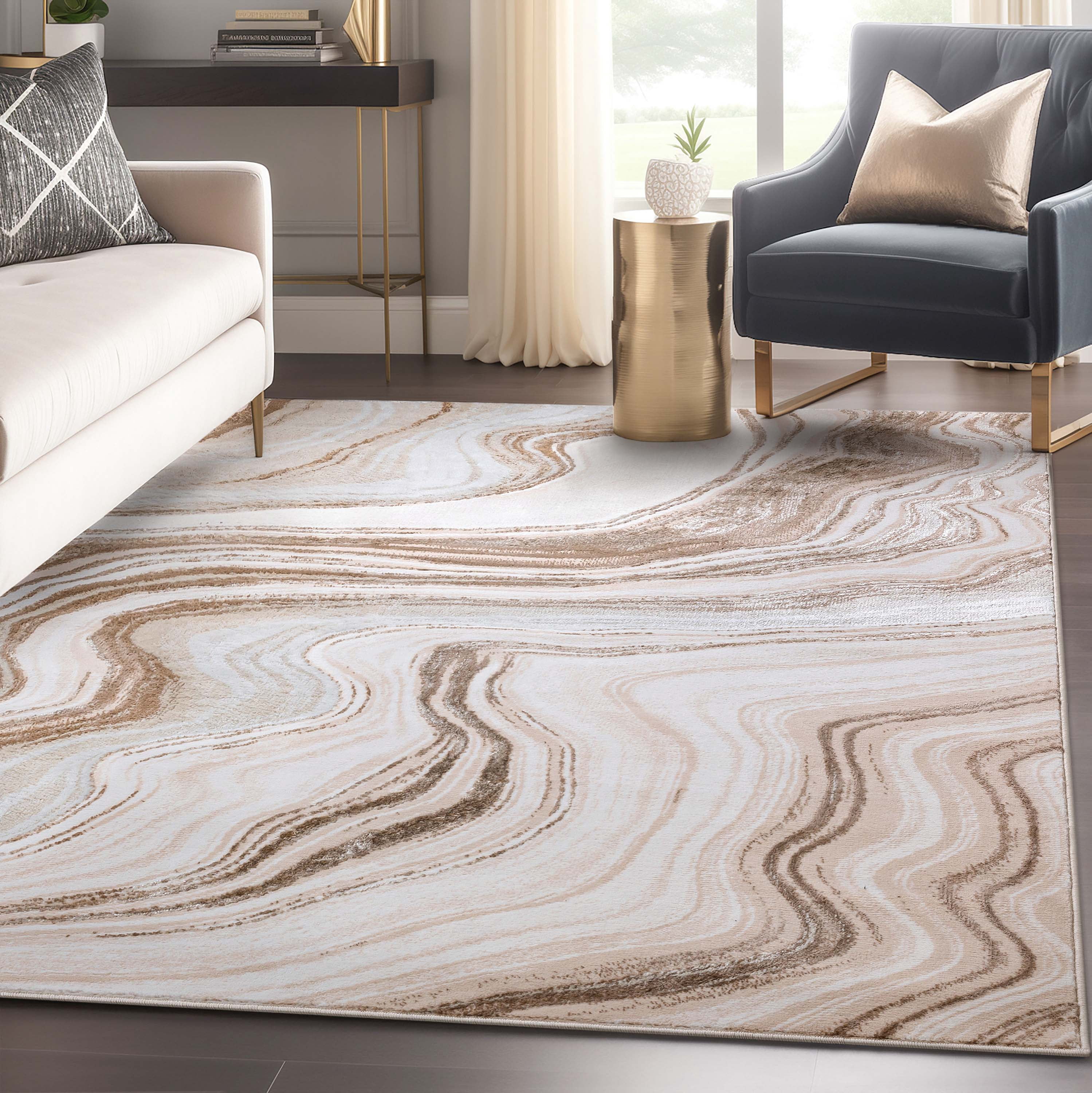 Well Woven Fairmont Warren Glam Abstract Striped Marble Pattern Ivory 6'7" x 9'3" Area Rug