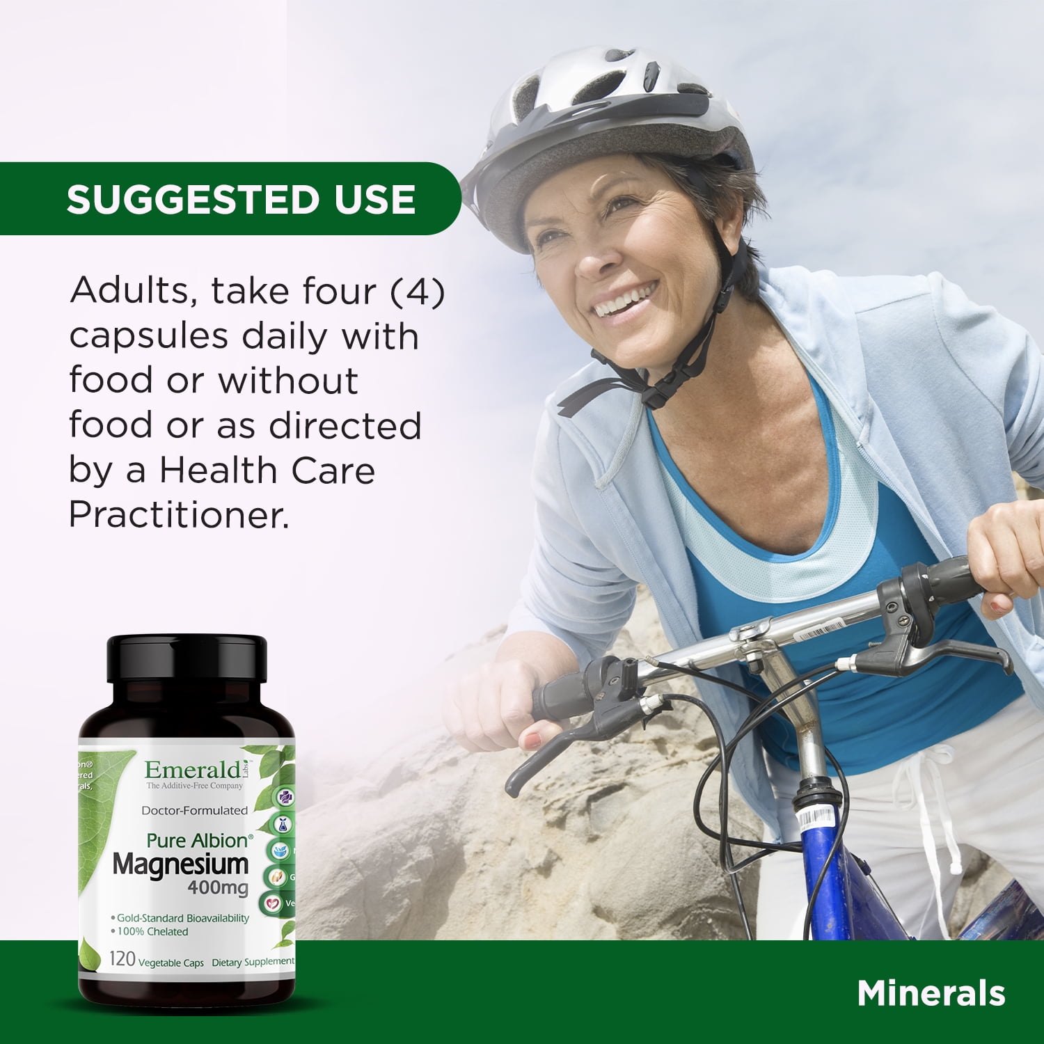 Emerald Labs Magnesium 400mg (Pure Albion) Gold Standard Bioavailability - 120 Vegetable Capsules