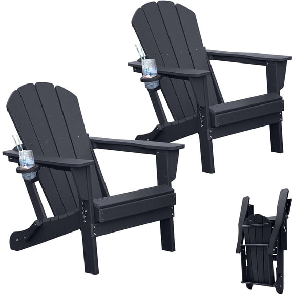Adirondack Chairs Set of 2, Plastic Adirondack Chair, Adirondack Chairs, HDPE Adirondack Chair, Folding Adirondack Chairs, Outdoor Chairs with Cup Holder for Lawn Patio Deck Fire Pit -Black