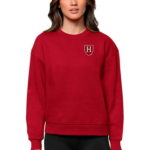 Women's Antigua Crimson Harvard Crimson Logo Victory Crewneck Pullover Sweatshirt