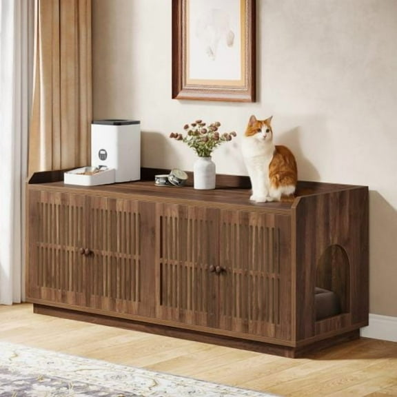 YINGYING  Cat Litter Box Enclosure for 2 Cats, Large Hidden Litter Box Furniture with Side Entry, Wooden Indoor Cat House with Storage for Living Room