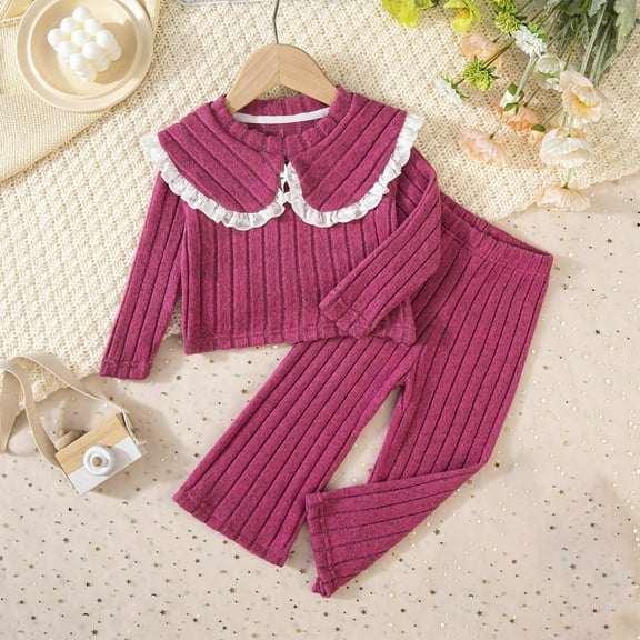 SGFCWSX Girls 2 Piece Set Toddler Winter Outfits Ribbed Knit Top with Ruffle Collar and Pants Sets Hot Pink Size 2 Years