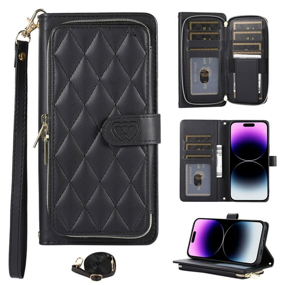 Crossbody Strap & Lanyard for iPhone 16 Case Wallet, with 10-Card Holder & 1 Bills Slot Soft PU Leather Magnetic Flip Folio Heavy Duty Protection Case for iPhone 16, Black