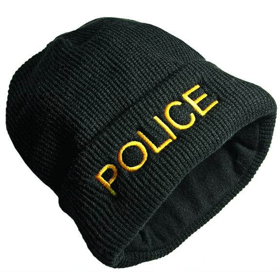 Hero's Pride POLICE Beanie Watch Cap – Black Fleece, Medium Gold Embroidery, One Size, Acrylic Knit
