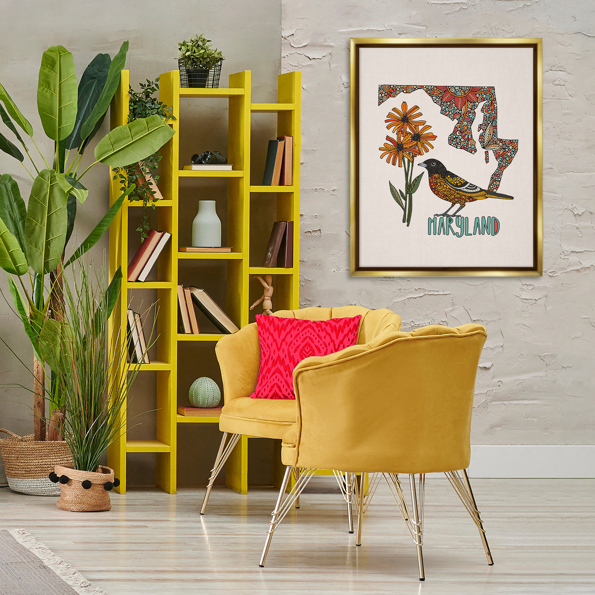 Stupell Industries Floral Maryland State Botanical & Floral Painting Gold Floater Framed Art Print Wall Art, 25 x 31