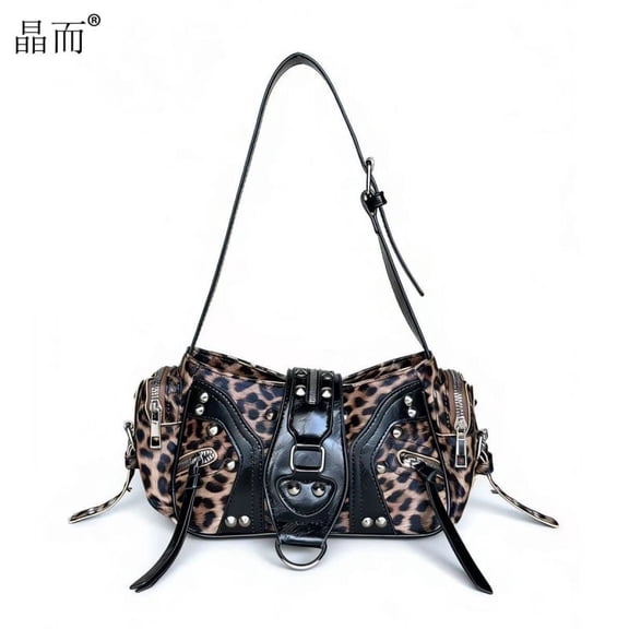 Women's Y2K Shoulder Bag Underarm Baguette Purse PU Leather Rivet Leopard print Decoration Punk Vintage Style Handbag