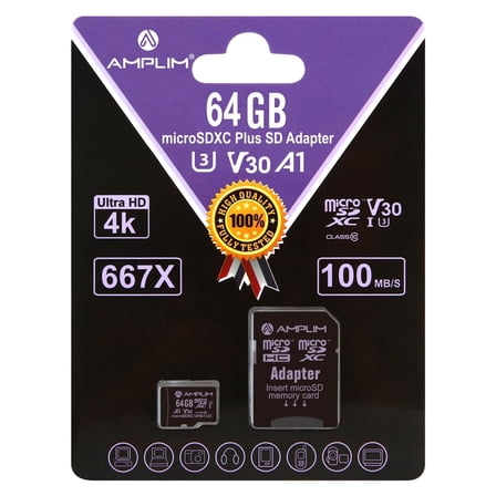 Amplim Micro SD Card 64GB | MicroSD Memory Plus Adapter | A1 MicroSDXC U3 Class 10 V30 UHS-I for Nintendo, GoPro Hero, Surface, Phone, Camera Cam, Tablet | Purple