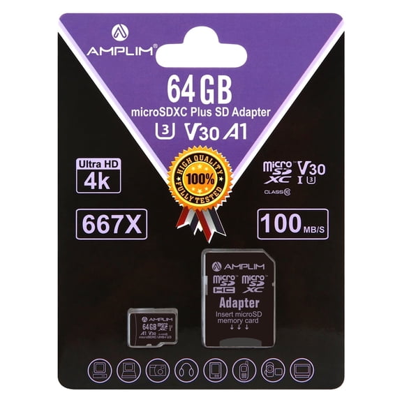 Amplim Micro SD Card 64GB | MicroSD Memory Plus Adapter | A1 MicroSDXC U3 Class 10 V30 UHS-I for Nintendo, GoPro Hero, Surface, Phone, Camera Cam, Tablet | Purple