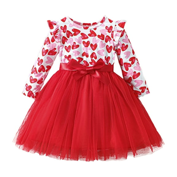 Girls' Dresses Long Sleeve Hearts Prints Valentine's Day Tulle Princess Dress Baby Girl Dress Red 18 Months-24 Months