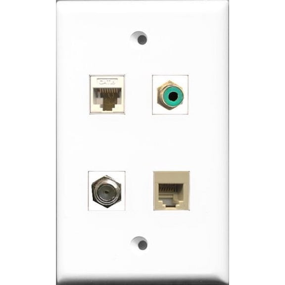 RiteAV 1 Port RCA Green and 1 Port Coax Cable TV- F-Type and 1 Port Phone RJ11 RJ12 Beige and 1 Port Cat6 Ethernet White Wall Plate