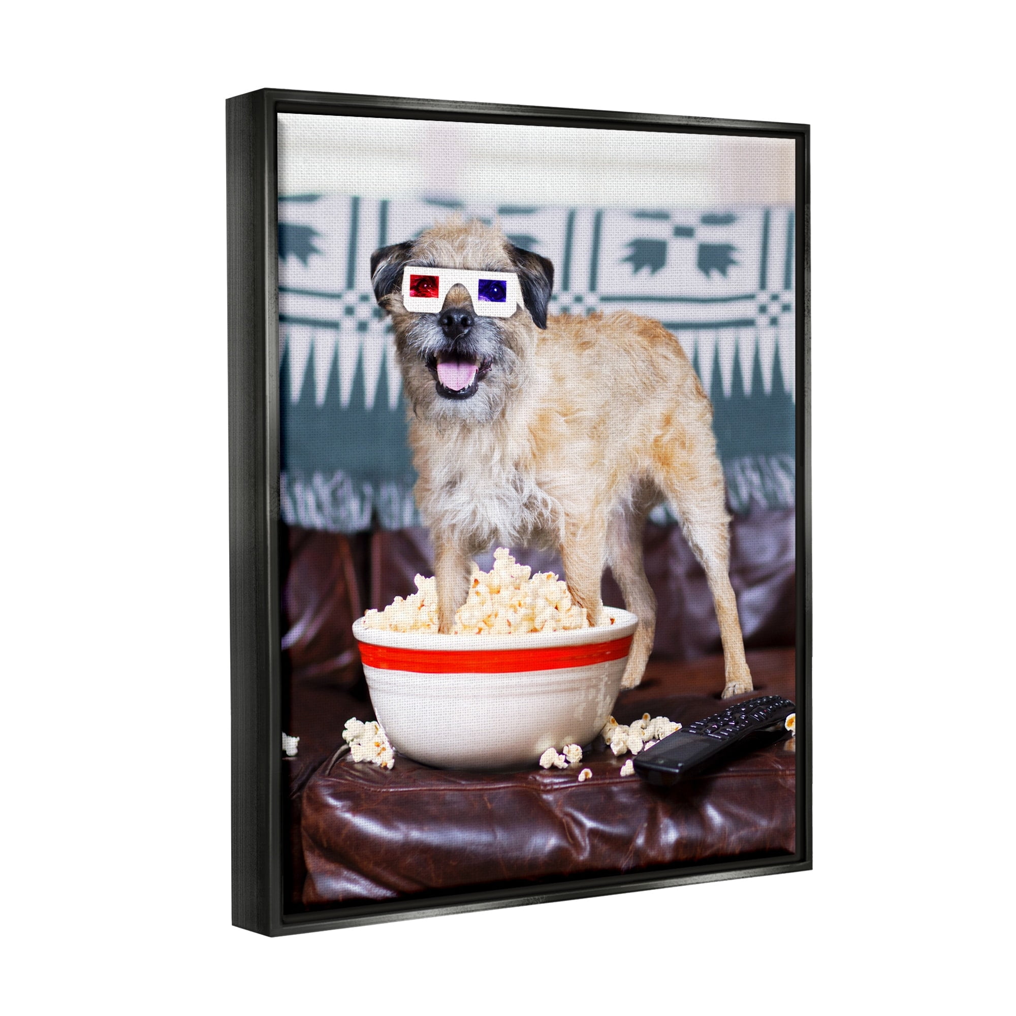 Stupell Industries Dog 3-D Movie Night Couch Snacking Popcorn Photograph Jet Black Floating Framed Canvas Print Wall Art, Design by Michael Quackenbush