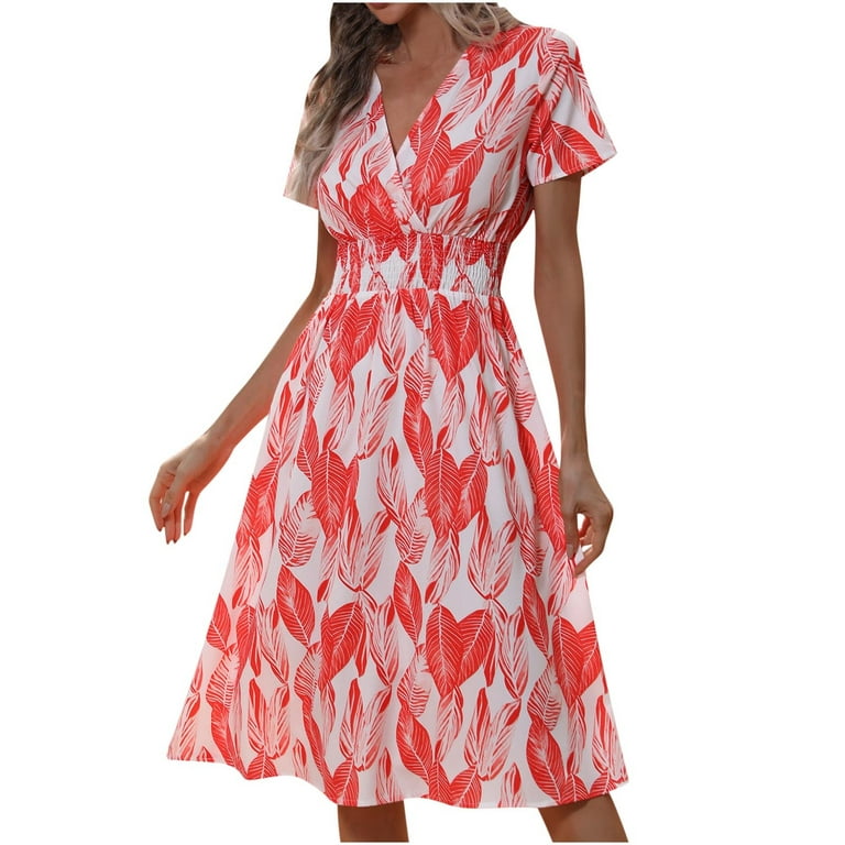 Niuer Ladies Soft Stretchy Waist Long Dress Floral Swing Women A-line  Dresses V Neck Bow Tie Daily High Beach Flowy Sundresss Pink L 